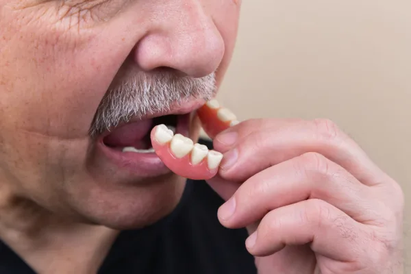 A senior man happily adjusting his custom partial denture.